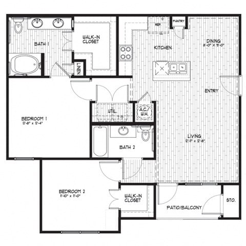 Floor plan for 2 beds, 2 baths, 1078 sqft